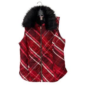 Chicos Red Plaid Quilted Vest With Faux Fur Collar & Gold Zipper Size 1 Polyeste